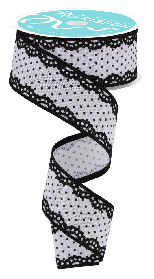 Raised Swiss Dot with Lace Edge Black and White Wired Ribbon by RG Ribbon  1.5" x 10 Yards, Wreath Ribbon, Craft Supplies