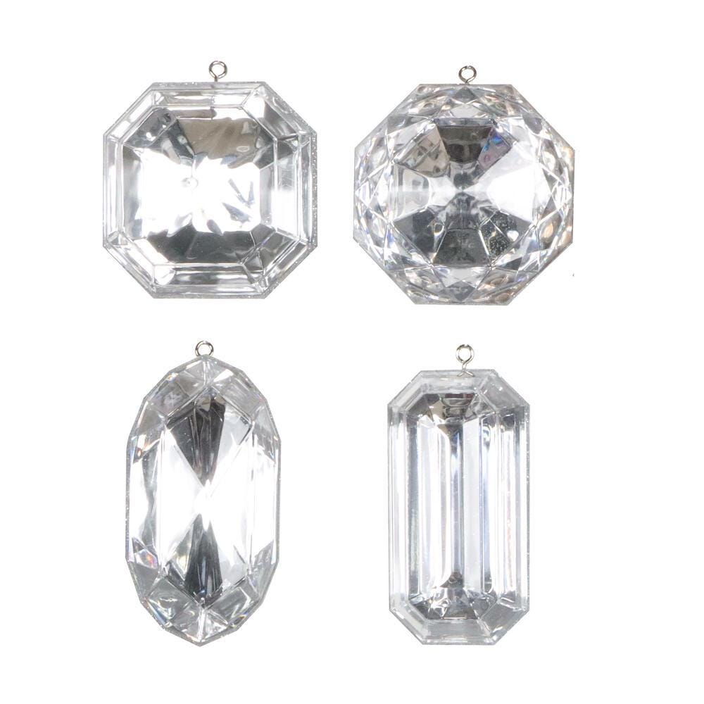 4 Pack Vickerman 4-5" Silver Jewel Glitter Gem Ornament Assorted Shapes, Wreath Embellishment, Valentine,  Wreath Supply