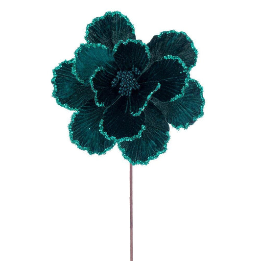 Midnight Green 10" x 20" Velvet Bead Trim Magnolia Stem Spring Christmas Wreath Pick | Holiday Embellishment | DIY Wreath Supply