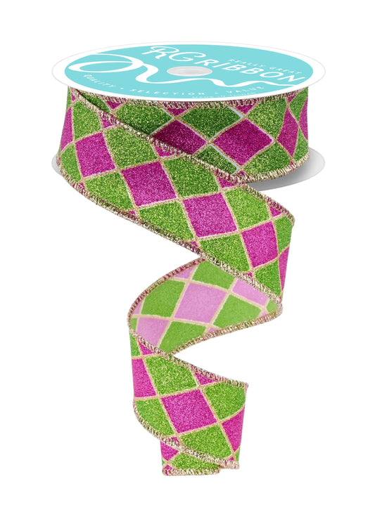 Pink and Green Glitter Harlequin Wired Ribbon by RG Ribbon  1.5" x 10 Yards, Wreath Ribbon, Craft Supplies