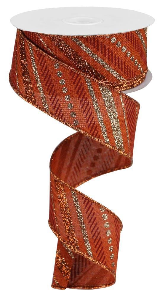 Multi Diagonal Stripes Glitter Copper Rust Wired Ribbon by RG Ribbon  1.5" x 10 Yards, Wreath Ribbon, Craft Supplies, Halloween Fall