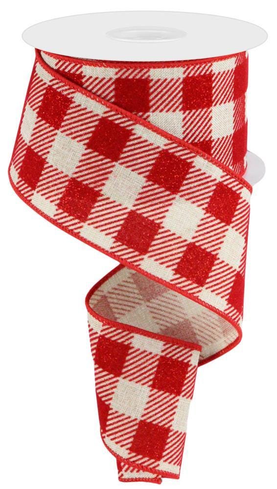 Red Beige Glitter Check Wired Ribbon by RG Ribbon  2.5" x 10 Yards, Wreath Ribbon, Craft Supplies
