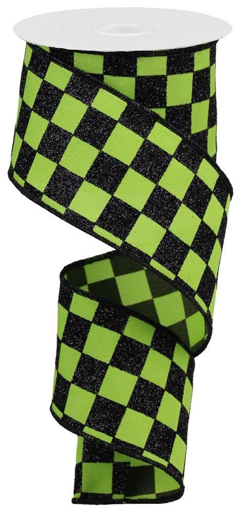 Glitter Check Lime Green Black Wired Ribbon by RG Ribbon  2.5" x 10 Yards, Halloween Wreath Ribbon, Craft Supplies, Fall Ribbon