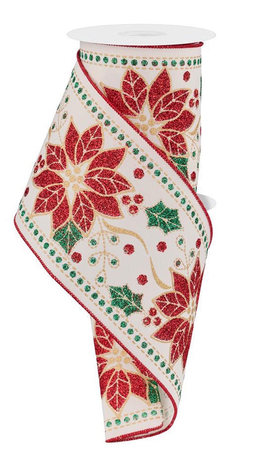 Deluxe Poinsettia Wired  Ribbon by RG Ribbon  4" x 10 Yards, Wreath Ribbon, Craft Supplies, Christmas Ribbon