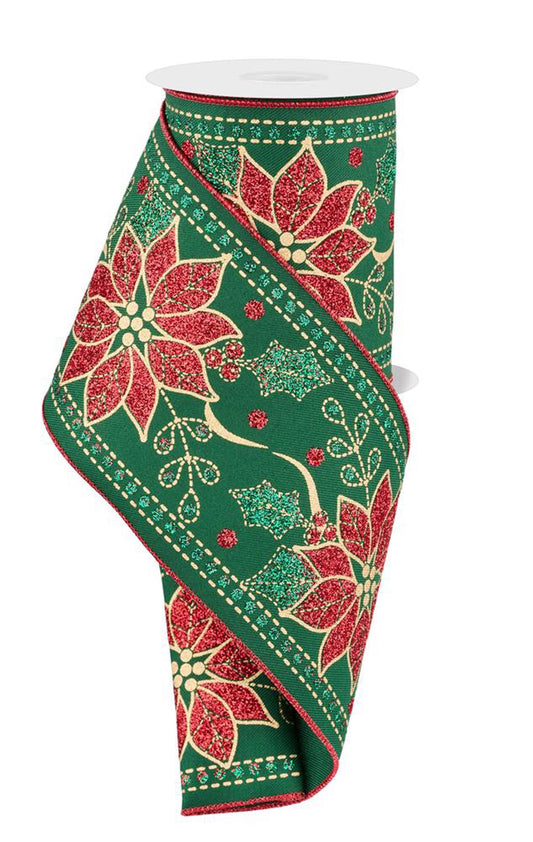Deluxe Poinsettia Green Wired  Ribbon by RG Ribbon  4" x 10 Yards, Wreath Ribbon, Craft Supplies, Christmas Ribbon