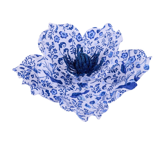 7" Dia x 4.5" High Multi White and Blue  Magnolia on a Clip, Spring, Christmas Wreath Embellishment, DIY Wreath Supply