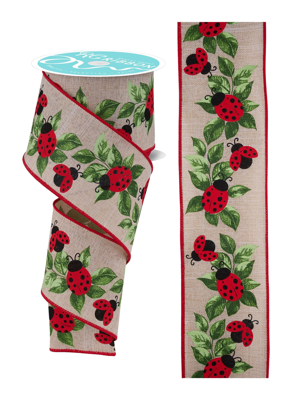 Ladybugs Leaves on Natural Back Wired Ribbon  2.5" x 10 Yards, Spring Summer Wreath Ribbon,  Craft Supplies