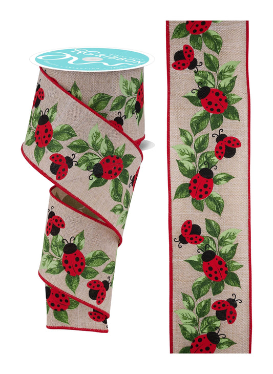 Ladybugs Leaves on Natural Back Wired Ribbon  2.5" x 10 Yards, Spring Summer Wreath Ribbon,  Craft Supplies