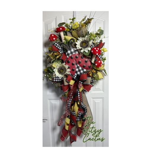Ladybug Garden Wreath,  A Whimsical Touch of Nature’s Charm, Butterflies and mushrooms, Wreath, Home Decor, The Ritzy Cactus