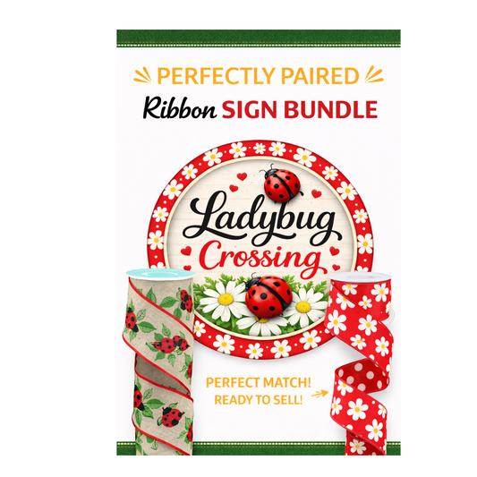 Lady Bug Crossing Perfectly Paired Sign + Ribbon Bundle, Metal Wreath Sign, Premium Ribbons, The Ritzy Cactus