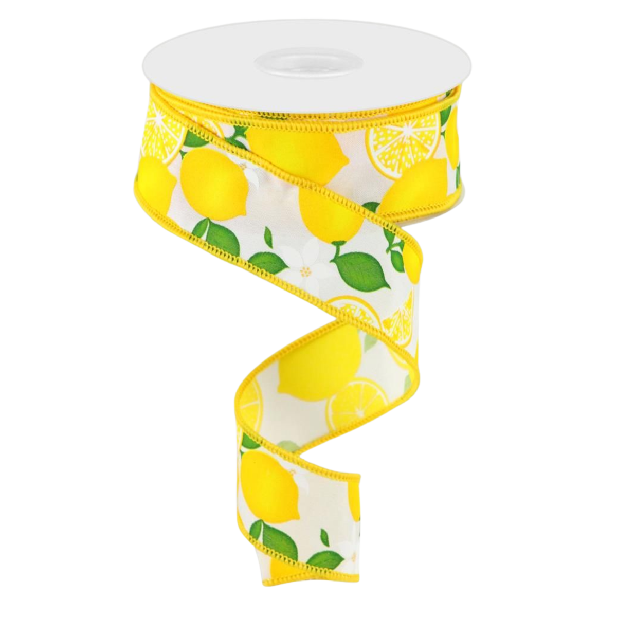 Lemon with Leaves and Flowers Wired Ribbon – 1.5" x 10 Yards, Wreath Ribbon, Craft Supplies