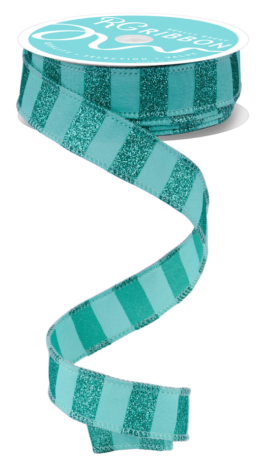 Horizontal Glitter Striped Aqua Wired Ribbon – 7/8" x 10 Yards, Holiday Wreath Ribbon, Sparkle Ribbon, Craft Supplies