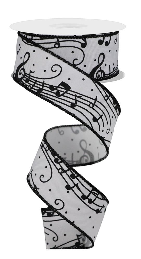 Music Note White & Black Wired Ribbon  – 1.5" x 10 Yards, Holiday Wreath Ribbon, Craft Supplies