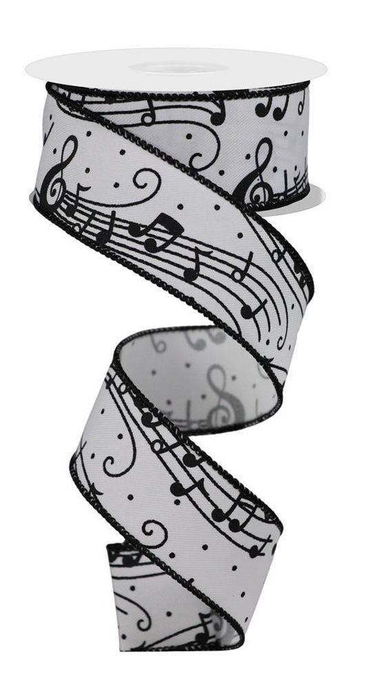 Music Note White & Black Wired Ribbon  – 1.5" x 10 Yards, Holiday Wreath Ribbon, Craft Supplies