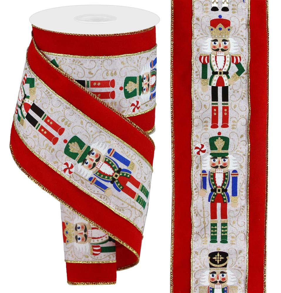 Nutcracker with Red Velvet Trim Edge Wired Ribbon  – 4.0" x 10 Yards, Holiday Wreath Ribbon, Elegant Ribbon, Craft Supplies