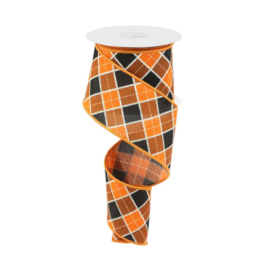 Diagonal Check Pattern Orange and Black Wired Ribbon by RG Ribbon  2.5" x 10 Yards, Wreath Ribbon, Craft Supplies, Halloween Ribbon