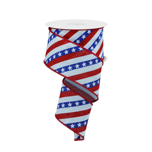 Diagonal Stripes with Pale Blue Stars Patriotic Wired Ribbon by RG Ribbon  2.5" x 10 Yards, Summer 4th of July Military Wreath Ribbon,  Craft Supplies