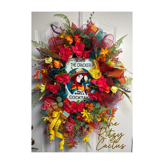 Tropical Parrot Paradise Party Wreath Door Decoration - 36 X 26 Inches – One-of-a-Kind Summer Décor, Pool Tiki Decor