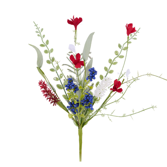 12" Red White Blue Fabric Floral Bush, Wreath Embellishment, Wreath Supplies, Home Decor,  Patriotic Greenery, DIY Craft Supply