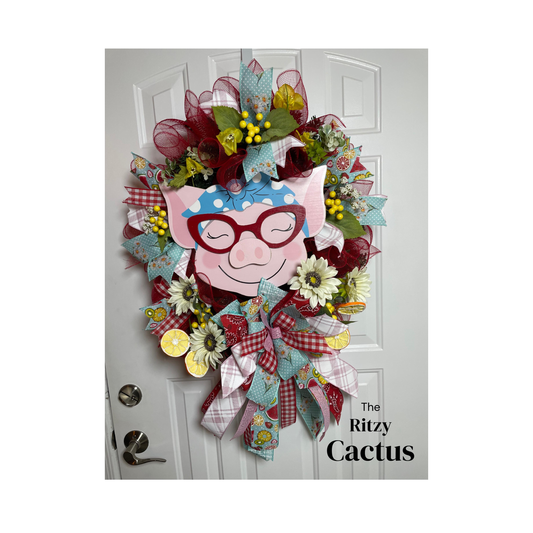 Sassy Pig With Cat Eye Glasses Wreath – Farmhouse Fun with a Twist! - 22 Inches x 35 Inches – One-of-a-Kind Door Décor