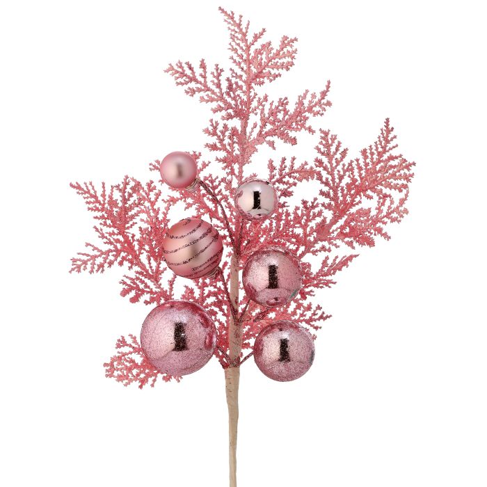 15" Blush Pink Glitter Ball Metallic Cedar Spray | Holiday Floral Spray | DIY Christmas Decor Wreath Embellishment | Wreath Supplies