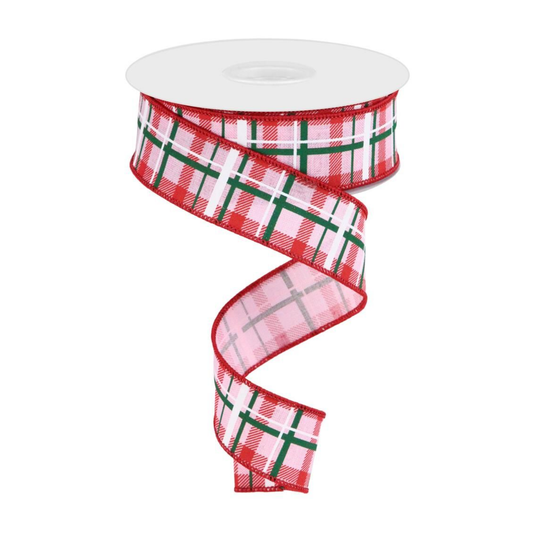 Printed Plaid Pink Red Emerald White 1.5" x 10 Yards, Wreath Ribbon, Craft Supplies, Valentine Ribbon