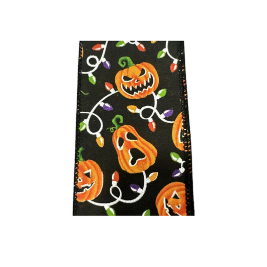 Pumpkin Faces Halloween Wired Ribbon by JAS Ribbon – 2.5" x 10 Yards, Wreath Ribbon, Craft Supplies, The Ritzy Cactus