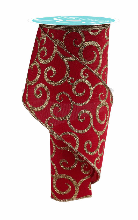 Red Base Gold Glitter Swirl Wired Ribbon  – 4.0" x 10 Yards, Holiday Wreath Ribbon, Elegant Ribbon, Craft Supplies