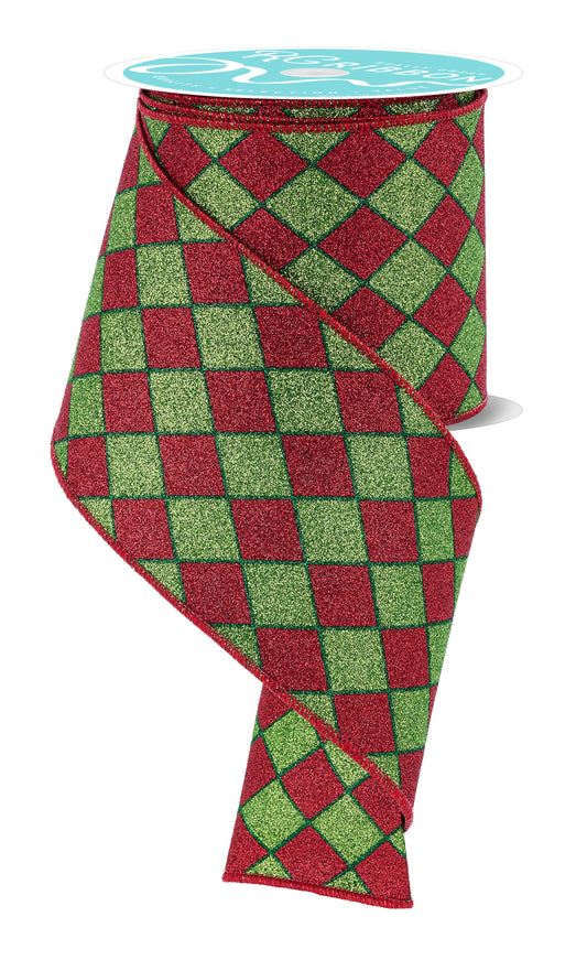 Red, Lime & Emerald Green Harlequin Check Wired Ribbon by RG Ribbon – 4.0" x 10 Yards, Holiday Wreath Ribbon, Craft Supplies
