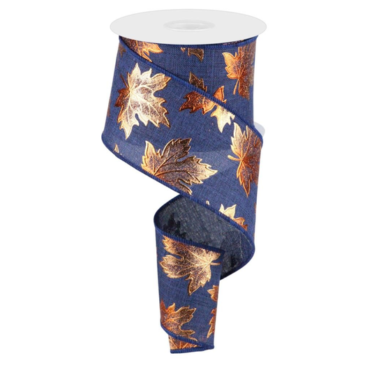 Navy Foil Maple Leaf on Royal Wired Ribbon  – 2.5" x 10 Yards, Wreath Ribbon, Craft Supplies, The Ritzy Cactus