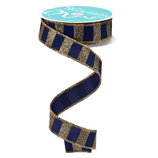 Horizontal Glitter Stripe Navy Gold Wired Ribbon by LS Ribbon – 7/8" x 10 Yards, Wreath Ribbon, Craft Supplies