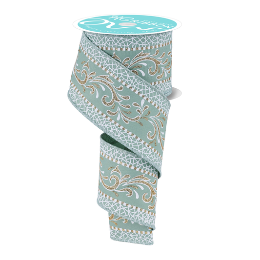 Multi Swirls Sage Green White Gold  Wired Ribbon – 2.5" x 10 Yards, Wreath Ribbon