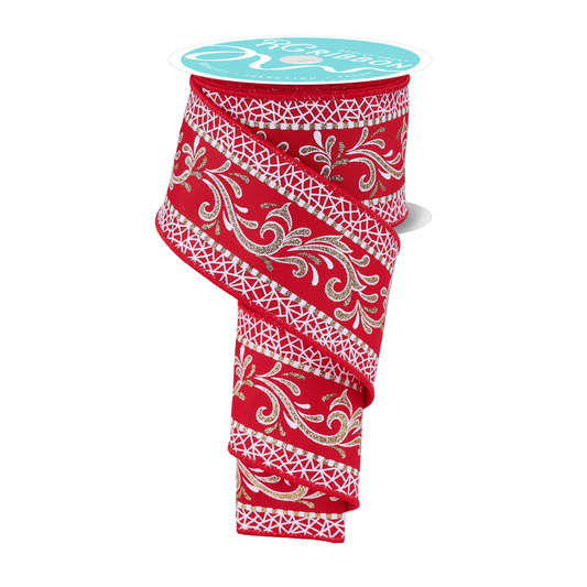 Multi Swirls Red White Gold  Wired Ribbon by RG Ribbon – 2.5" x 10 Yards, Wreath Ribbon, Craft Supplies, The Ritzy Cactus