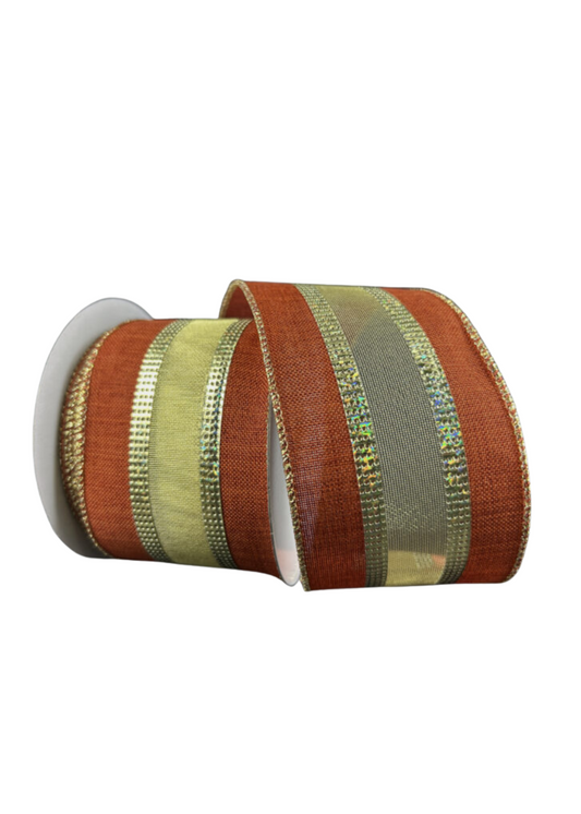 Rust & Sheer Gold Wide Stripe Ribbon – 2.5" x 10 Yards, Holiday Wreath Ribbon, Craft Supplies, Fall Ribbon