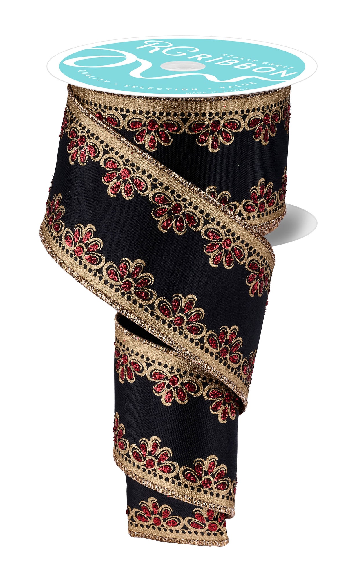 Black, Gold, Glitter Red Scalloped Trim Wired Ribbon – 2.5" x 10 Yards, Holiday Wreath Ribbon, Festive Ribbon, Craft Supplies