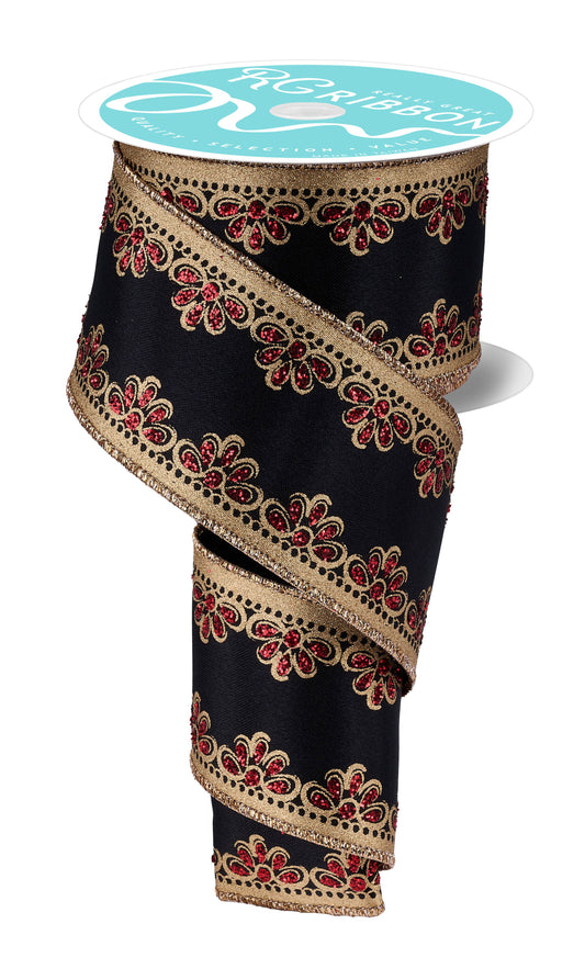 Black, Gold, Glitter Red Scalloped Trim Wired Ribbon – 2.5" x 10 Yards, Holiday Wreath Ribbon, Festive Ribbon, Craft Supplies