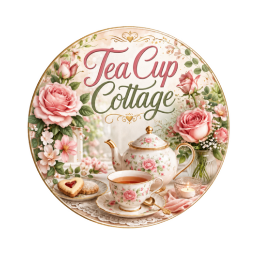 10" Tea Cup Cottage Sign, Metal Wreath Sign, Home Decor