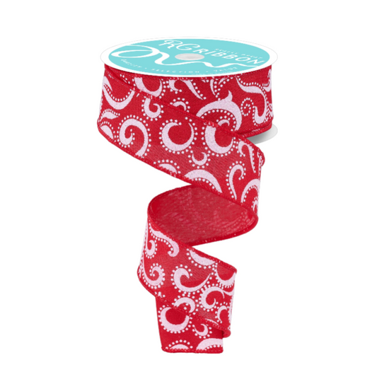 Red White Swirls and Dots Wired Ribbon by RG Ribbon  1.5" x 10 Yards,  Summer Wreath Ribbon,  Craft Supplies