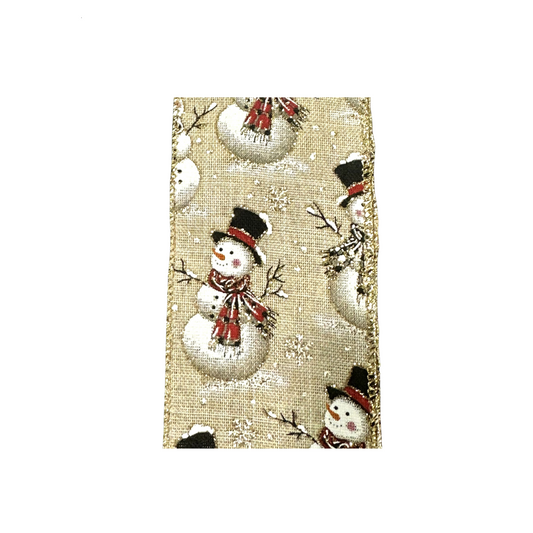 Snowman On Natural Wired Ribbon by JAS Ribbon – 2.5" x 10 Yards, Wreath Ribbon, Craft Supplies, The Ritzy Cactus
