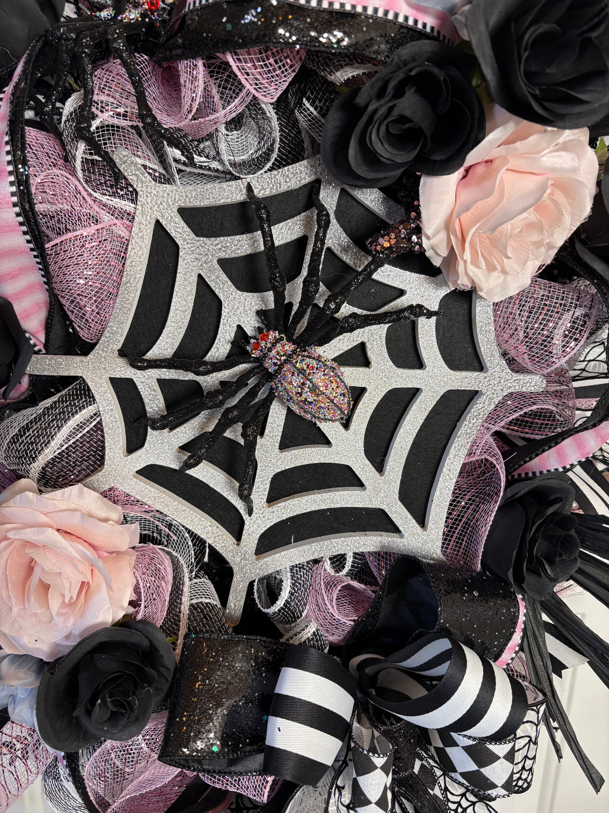 Spider Glam Halloween Wreath Door Decoration 43" x 24"Inches – One-of-a-Kind Halloween Décor, Chic Pink and Black Halloween Decor