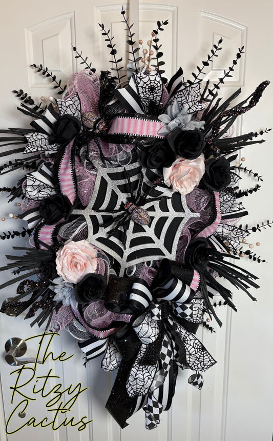 Spider Glam Halloween Wreath Door Decoration 43" x 24"Inches – One-of-a-Kind Halloween Décor, Chic Pink and Black Halloween Decor