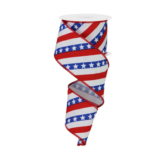 Diagonal Stripes with Stars Patriotic Wired Ribbon by RG Ribbon  2.5" x 10 Yards, Summer 4th of July Military Wreath Ribbon,  Craft Supplies