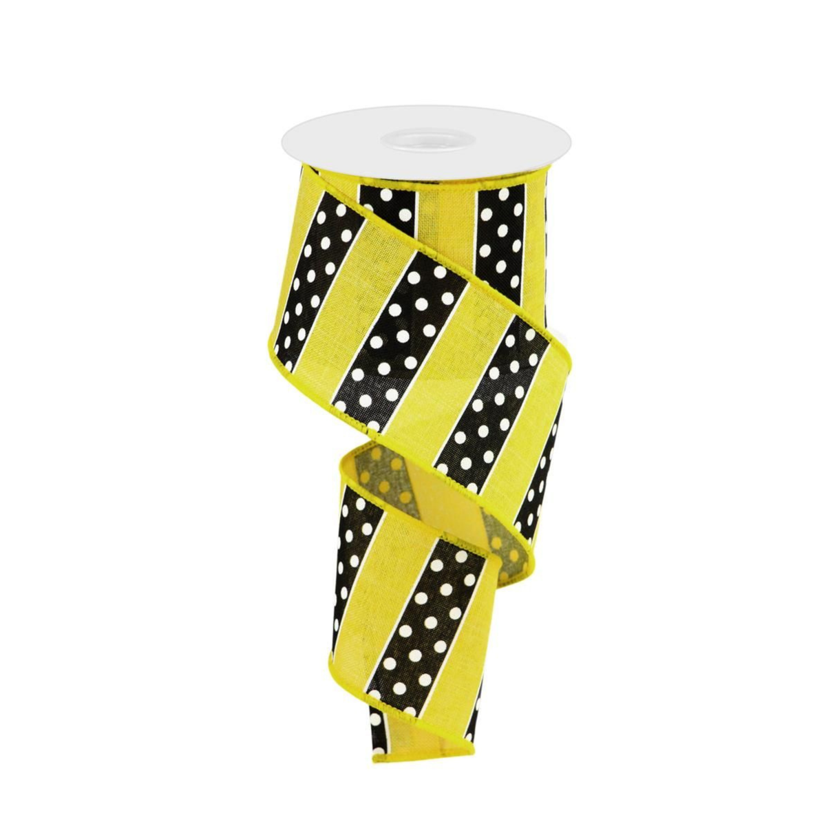 Polka Dot Stripe Yellow and Black Wired Ribbon by RG Ribbon  2.5" x 10 Yards, Wreath Ribbon, Craft Supplies