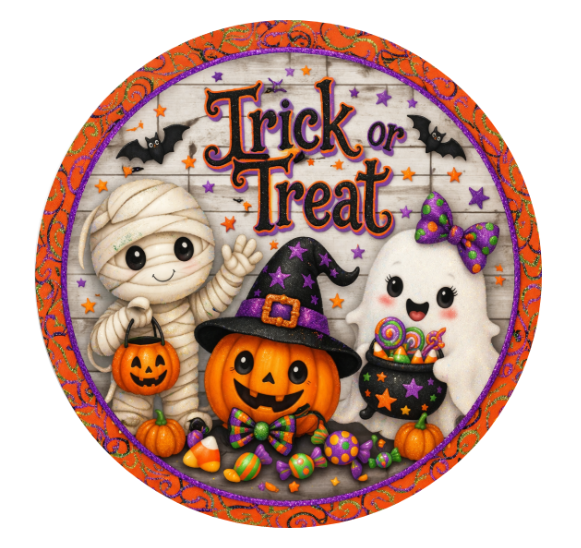 Trick Or Treat Halloween Swirls Perfectly Paired Sign + Ribbon Bundle, Metal Wreath Sign, Premium Ribbons, The Ritzy Cactus