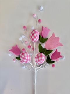 18" Pink Felt Tulip with Gingham Eggs Spray| Holiday Spring Spray | DIY Easter Decor Wreath Embellishment | Wreath Supplies