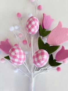 18" Pink Felt Tulip with Gingham Eggs Spray| Holiday Spring Spray | DIY Easter Decor Wreath Embellishment | Wreath Supplies