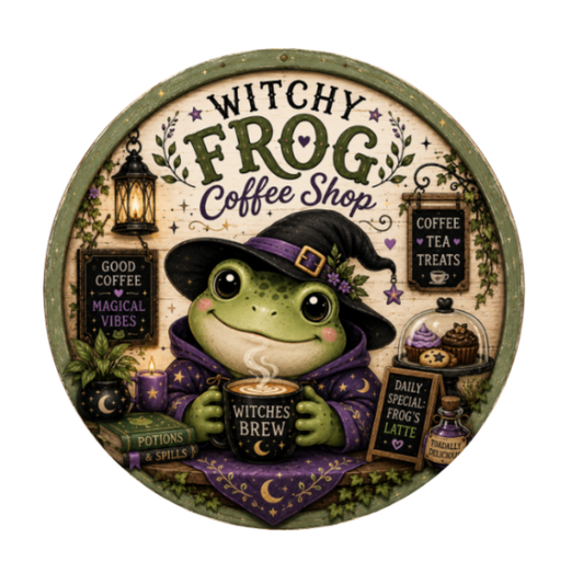 Witchy Frog Coffee Shop Halloween 10" Wreath Sign, Home Decor, The Ritzy Cactus