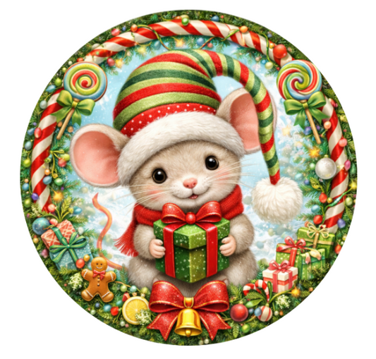 10" Christmas Mouse Sign, Metal Wreath Sign, Home Decor, DIY Wreath Supply