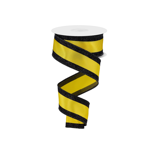 Yellow  Black Vertical Glitter Stripe Wired Ribbon   1.5" x 10 Yards, Wreath Ribbon, Craft Supplies