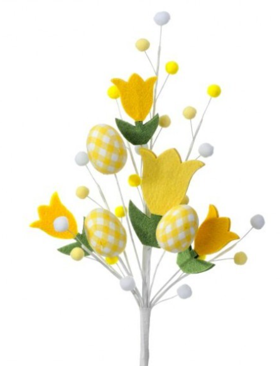 18" Yellow Felt Tulip with Gingham Eggs Spray| Holiday Spring Spray | DIY Easter Decor Wreath Embellishment | Wreath Supplies